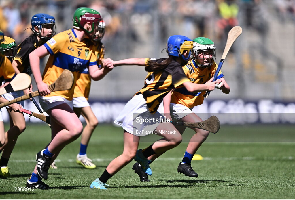 6 July 2024; Méabh Ward, St Paul's Primary School, Naval, Meath, representing Clare during the GAA INTO Cumann na mBunscol Respect Exhibition Go Games at the GAA Hurling All-Ireland Senior Championship semi-final match between Kilkenny and Clare at Croke Park in Dublin. Photo by Piaras Ó Mídheach/Sportsfile