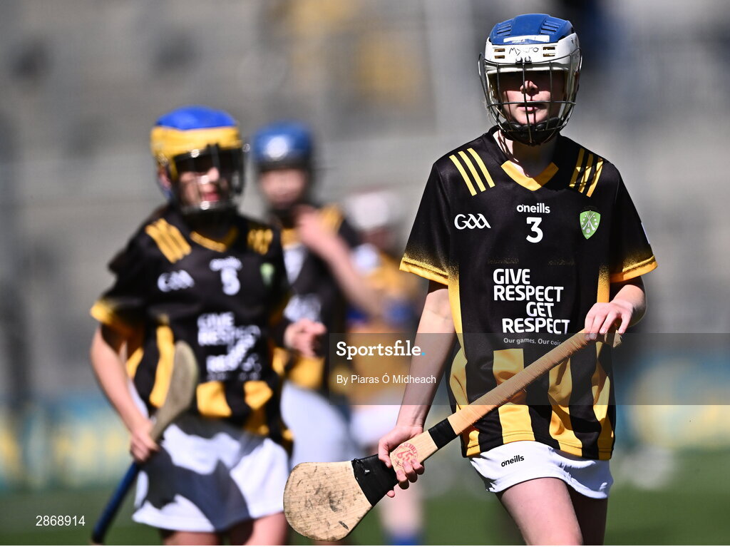 6 July 2024; Lily Comerford, Mary Help of Christian's GNS, Dublin, representing Kilkenny during the GAA INTO Cumann na mBunscol Respect Exhibition Go Games at the GAA Hurling All-Ireland Senior Championship semi-final match between Kilkenny and Clare at Croke Park in Dublin. Photo by Piaras Ó Mídheach/Sportsfile