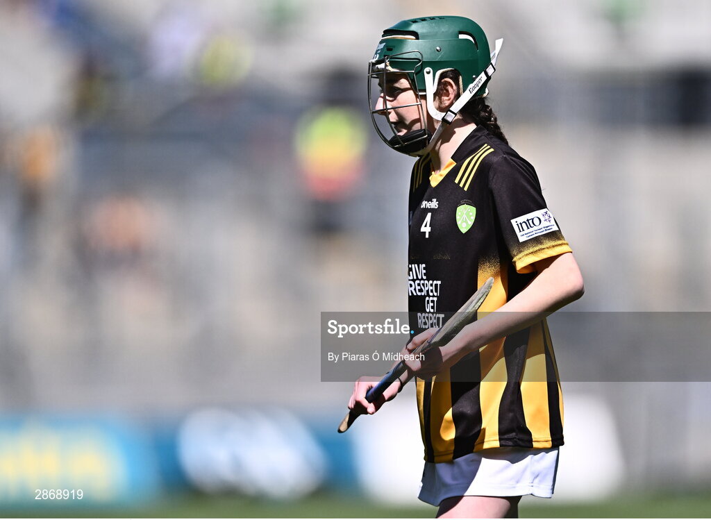 6 July 2024; Mary Jane Rafferty, Scoil Naomh Feichín, Droichead Átha, Lú, representing Kilkenny during the GAA INTO Cumann na mBunscol Respect Exhibition Go Games at the GAA Hurling All-Ireland Senior Championship semi-final match between Kilkenny and Clare at Croke Park in Dublin. Photo by Piaras Ó Mídheach/Sportsfile