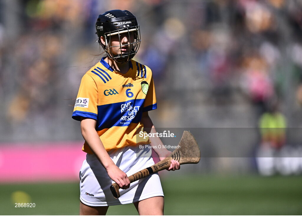 6 July 2024; Kayla Reynolds, St Manachan's NS, Mohill, Leitrim, representing Clare during the GAA INTO Cumann na mBunscol Respect Exhibition Go Games at the GAA Hurling All-Ireland Senior Championship semi-final match between Kilkenny and Clare at Croke Park in Dublin. Photo by Piaras Ó Mídheach/Sportsfile