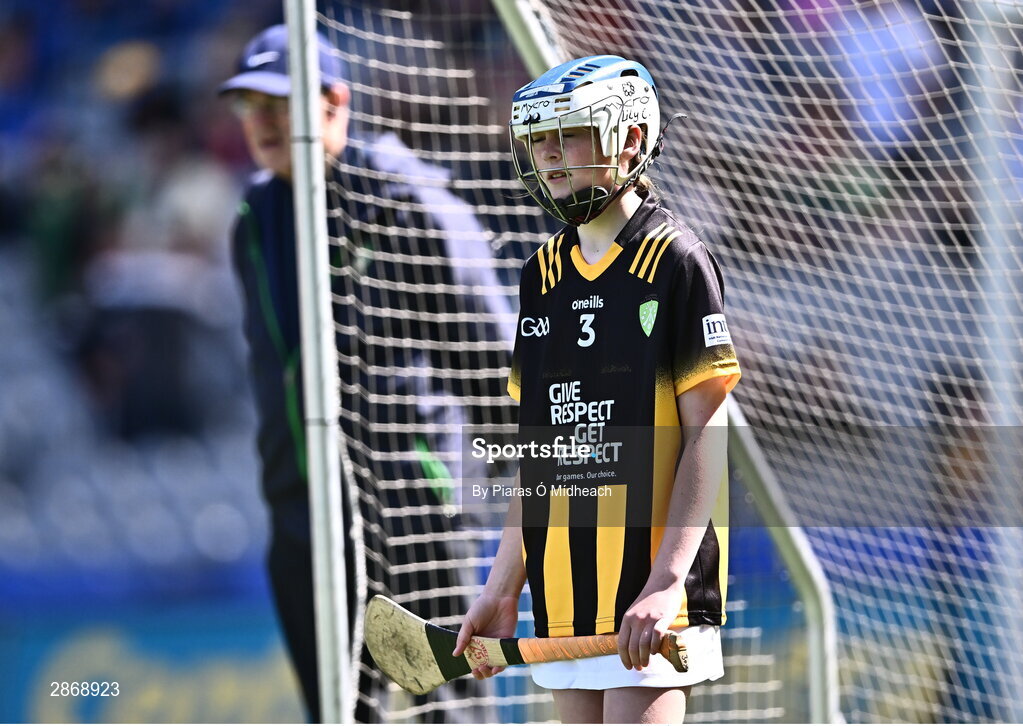 6 July 2024; Lily Comerford, Mary Help of Christian's GNS, Dublin, representing Kilkenny during the GAA INTO Cumann na mBunscol Respect Exhibition Go Games at the GAA Hurling All-Ireland Senior Championship semi-final match between Kilkenny and Clare at Croke Park in Dublin. Photo by Piaras Ó Mídheach/Sportsfile