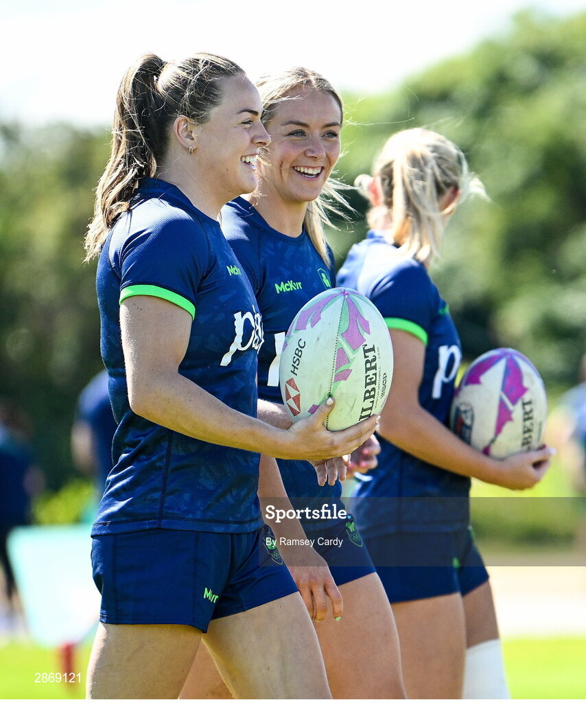 8 July 2024; Béibhinn Parsons, left, and Stacey Flood during the Team Ireland Paris 2024 team training for Rugby Sevens ahead of the Paris 2024 Olympic Games at the IRFU Outdoor Pitch on the Sport Ireland Campus in Dublin. Photo by Ramsey Cardy/Sportsfile