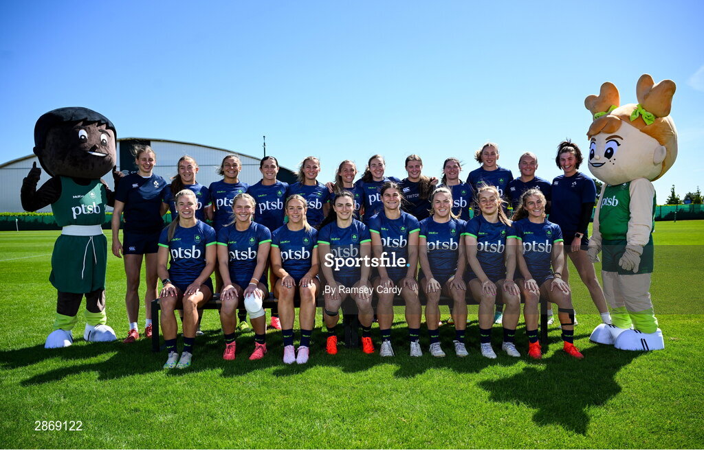 8 July 2024; Ireland Women's Rugby Sevens squad, back row, from left, Erin King, Amee-Leigh Murphy Crowne, Megan Burns, Eve Higgins, Claire Boles, Ashleigh Orchard and Emily Lane, with, front row, from left, Kathy Baker, Alanna Fitzpatrick, Stacey Flood, Lucy Rock, Vicky Elmes Kinlan, Beibhinn Parsons and Amy Larn during the Team Ireland Paris 2024 team training for Rugby Sevens ahead of the Paris 2024 Olympic Games at the IRFU Outdoor Pitch on the Sport Ireland Campus in Dublin. Photo by Ramsey Cardy/Sportsfile