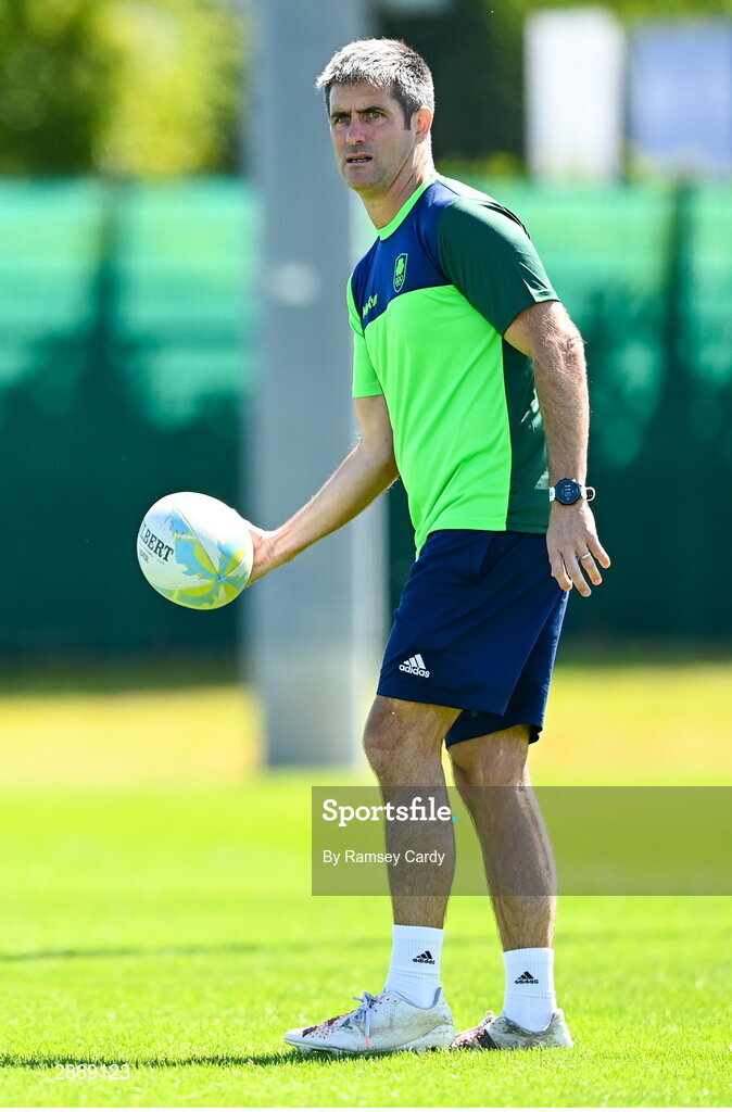 8 July 2024; Women's head coach Allan Temple-Jones during the Team Ireland Paris 2024 team training for Rugby Sevens ahead of the Paris 2024 Olympic Games at the IRFU Outdoor Pitch on the Sport Ireland Campus in Dublin. Photo by Ramsey Cardy/Sportsfile