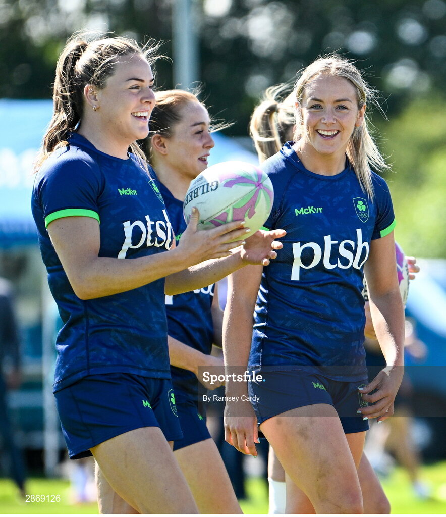 8 July 2024; Béibhinn Parsons, left, and Stacey Flood during the Team Ireland Paris 2024 team training for Rugby Sevens ahead of the Paris 2024 Olympic Games at the IRFU Outdoor Pitch on the Sport Ireland Campus in Dublin. Photo by Ramsey Cardy/Sportsfile