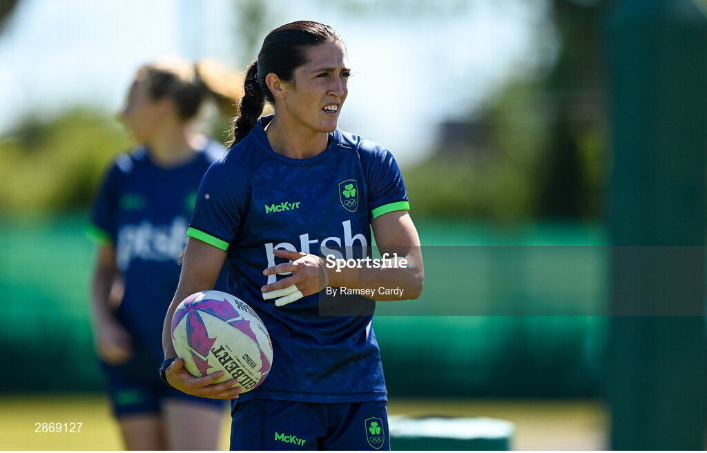 8 July 2024; Amee-Leigh Murphy Crowe during the Team Ireland Paris 2024 team training for Rugby Sevens ahead of the Paris 2024 Olympic Games at the IRFU Outdoor Pitch on the Sport Ireland Campus in Dublin. Photo by Ramsey Cardy/Sportsfile