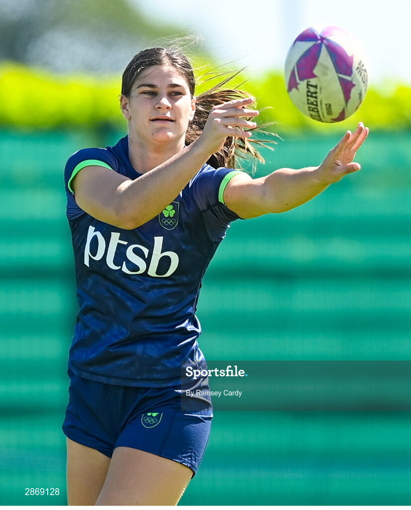 8 July 2024; Vicky Elmes Kinlan during the Team Ireland Paris 2024 team training for Rugby Sevens ahead of the Paris 2024 Olympic Games at the IRFU Outdoor Pitch on the Sport Ireland Campus in Dublin. Photo by Ramsey Cardy/Sportsfile