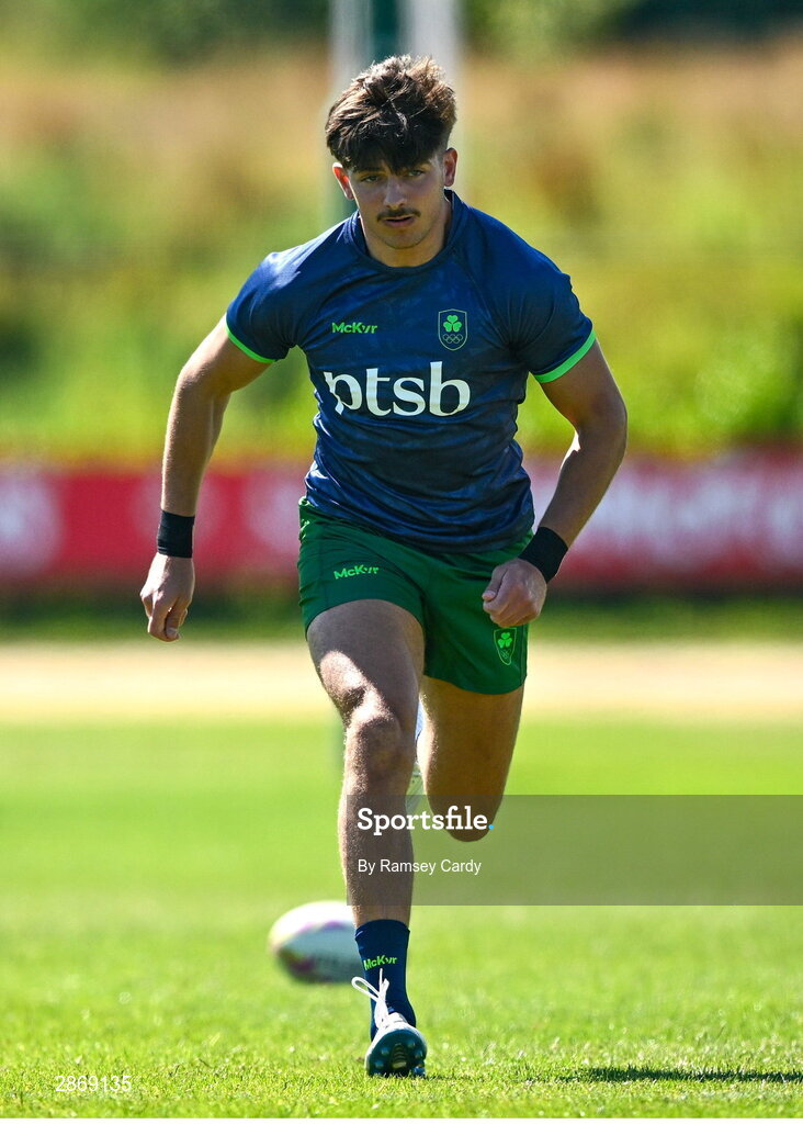 8 July 2024; Chay Mullins during the Team Ireland Paris 2024 team training for Rugby Sevens ahead of the Paris 2024 Olympic Games at the IRFU Outdoor Pitch on the Sport Ireland Campus in Dublin. Photo by Ramsey Cardy/Sportsfile