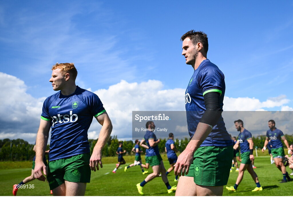 8 July 2024; Jack Kelly, right, and Gavin Mullin during the Team Ireland Paris 2024 team training for Rugby Sevens ahead of the Paris 2024 Olympic Games at the IRFU Outdoor Pitch on the Sport Ireland Campus in Dublin. Photo by Ramsey Cardy/Sportsfile
