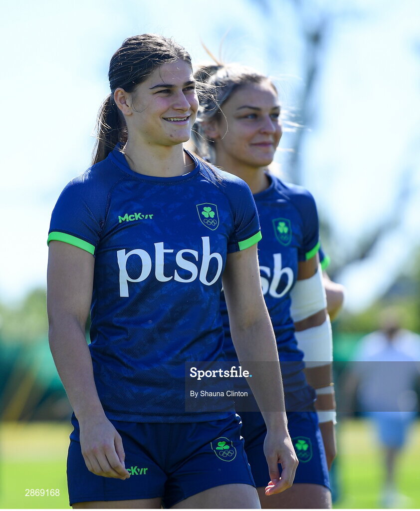 8 July 2024; Vicky Elmes Kinlan, left, and Megan Burns during the Team Ireland Paris 2024 team training for Rugby Sevens ahead of the Paris 2024 Olympic Games at the IRFU Outdoor Pitch on the Sport Ireland Campus in Dublin. Photo by Shauna Clinton/Sportsfile