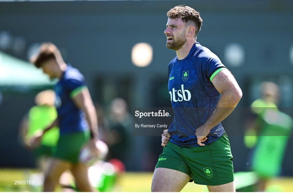 8 July 2024; Hugo Keenan during the Team Ireland Paris 2024 team training for Rugby Sevens ahead of the Paris 2024 Olympic Games at the IRFU Outdoor Pitch on the Sport Ireland Campus in Dublin. Photo by Ramsey Cardy/Sportsfile