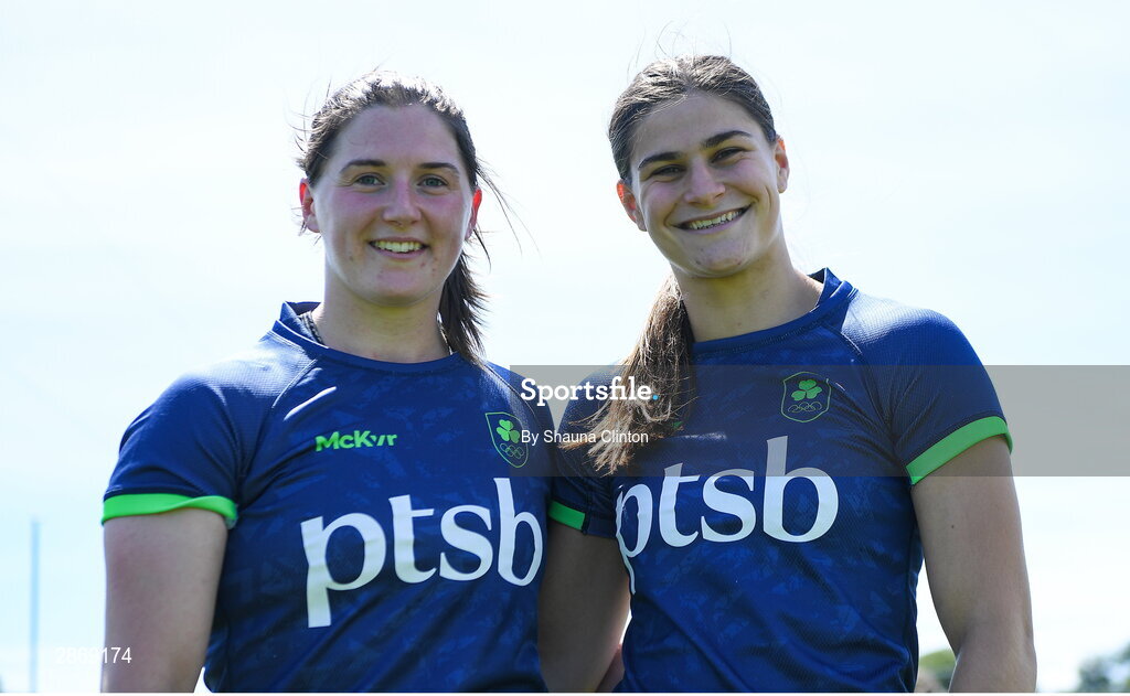 8 July 2024; Katie Heffernan, left, and Vicky Elmes Kinlan during the Team Ireland Paris 2024 team training for Rugby Sevens ahead of the Paris 2024 Olympic Games at the IRFU Outdoor Pitch on the Sport Ireland Campus in Dublin. Photo by Shauna Clinton/Sportsfile