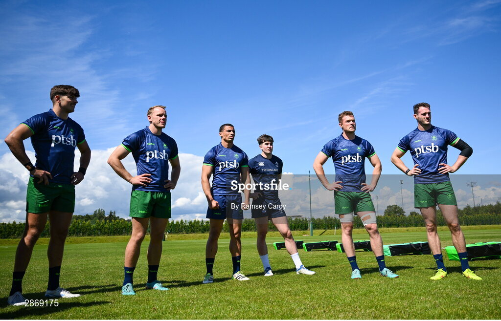 8 July 2024; The mens team huddle during the Team Ireland Paris 2024 team training for Rugby Sevens ahead of the Paris 2024 Olympic Games at the IRFU Outdoor Pitch on the Sport Ireland Campus in Dublin. Photo by Ramsey Cardy/Sportsfile