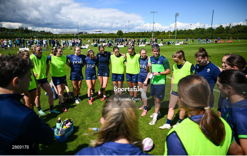 8 July 2024; Women's head coach Allan Temple-Jones speaks to his team during the Team Ireland Paris 2024 team training for Rugby Sevens ahead of the Paris 2024 Olympic Games at the IRFU Outdoor Pitch on the Sport Ireland Campus in Dublin. Photo by Ramsey Cardy/Sportsfile