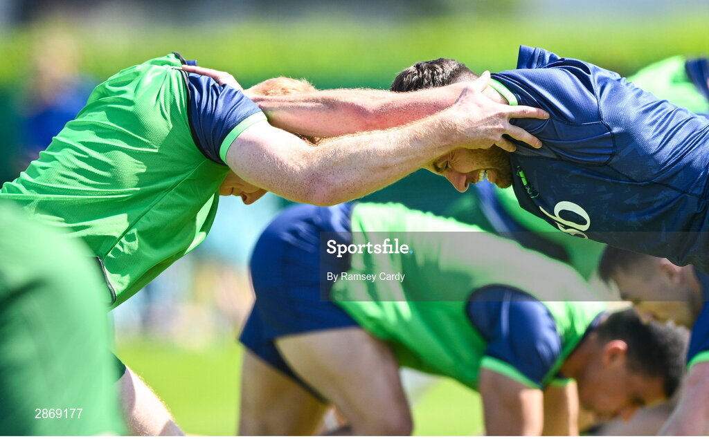 8 July 2024; Gavin Mullin, left, and Hugo Keenan during the Team Ireland Paris 2024 team training for Rugby Sevens ahead of the Paris 2024 Olympic Games at the IRFU Outdoor Pitch on the Sport Ireland Campus in Dublin. Photo by Ramsey Cardy/Sportsfile