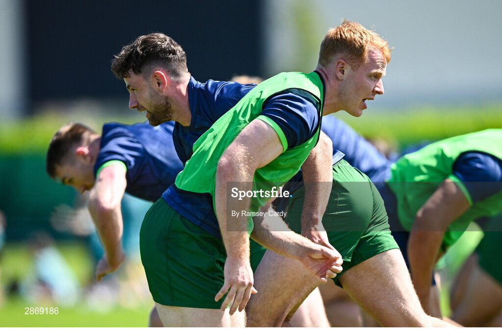 8 July 2024; Gavin Mullin, right, and Hugo Keenan during the Team Ireland Paris 2024 team training for Rugby Sevens ahead of the Paris 2024 Olympic Games at the IRFU Outdoor Pitch on the Sport Ireland Campus in Dublin. Photo by Ramsey Cardy/Sportsfile