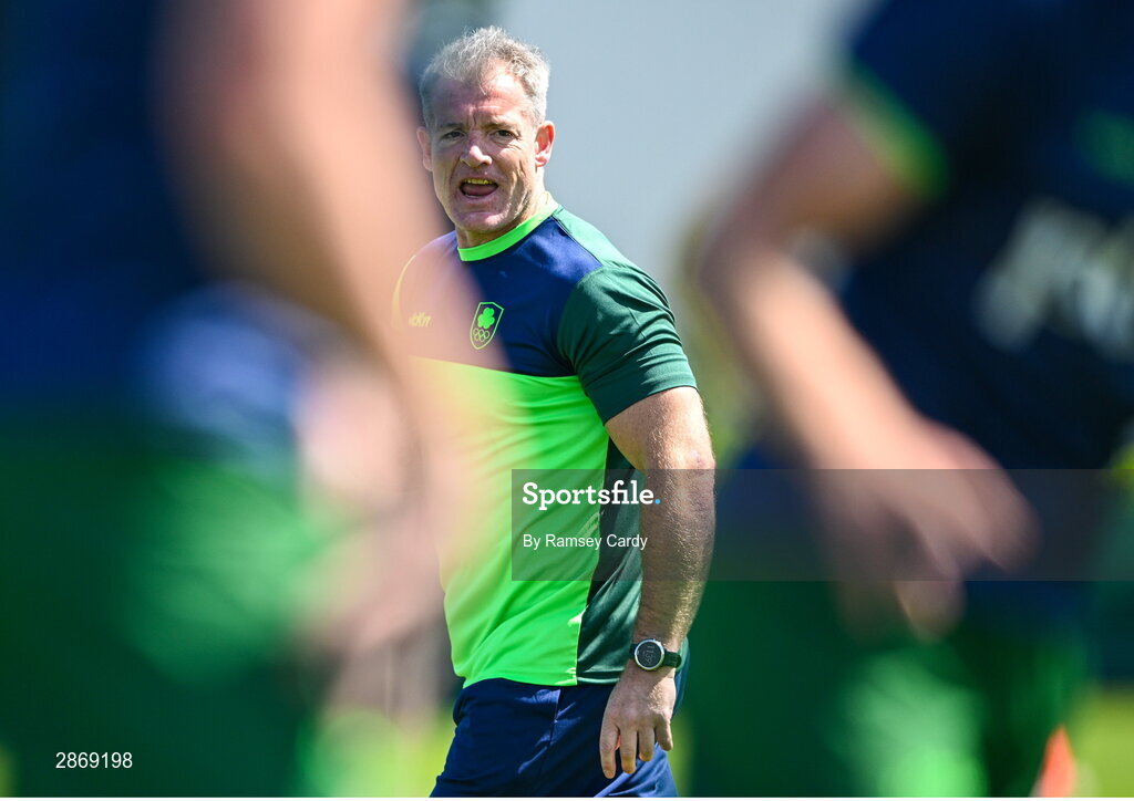 8 July 2024; Head coach James Topping during the Team Ireland Paris 2024 team training for Rugby Sevens ahead of the Paris 2024 Olympic Games at the IRFU Outdoor Pitch on the Sport Ireland Campus in Dublin. Photo by Ramsey Cardy/Sportsfile