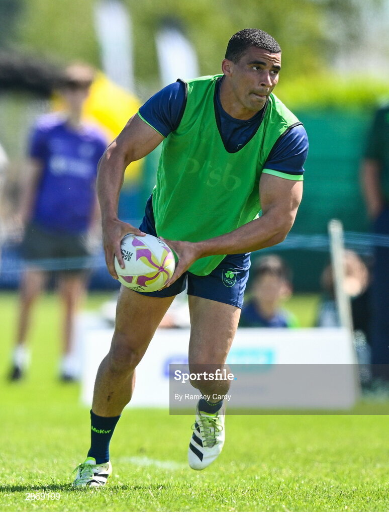 8 July 2024; Jordan Conroy during the Team Ireland Paris 2024 team training for Rugby Sevens ahead of the Paris 2024 Olympic Games at the IRFU Outdoor Pitch on the Sport Ireland Campus in Dublin. Photo by Ramsey Cardy/Sportsfile