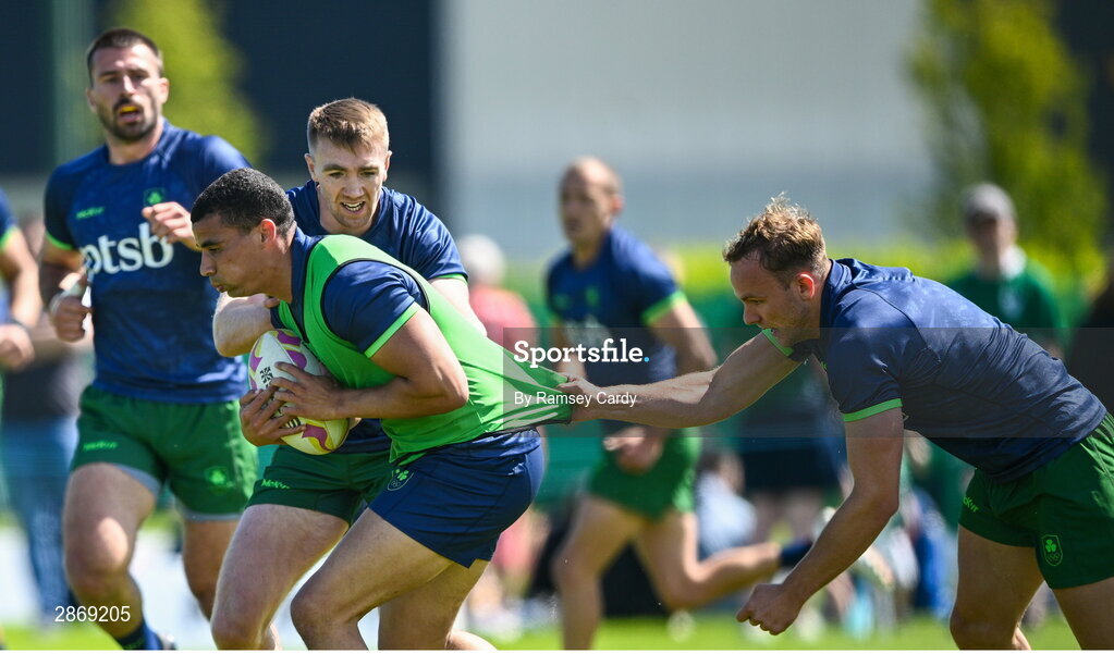 8 July 2024; Jordan Conroy, left, and Niall Comerford during the Team Ireland Paris 2024 team training for Rugby Sevens ahead of the Paris 2024 Olympic Games at the IRFU Outdoor Pitch on the Sport Ireland Campus in Dublin. Photo by Ramsey Cardy/Sportsfile