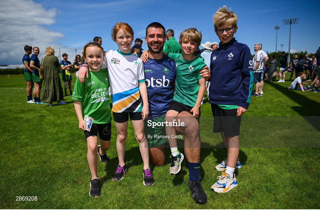 8 July 2024; Harry McNulty with supporters during the Team Ireland Paris 2024 team training for Rugby Sevens ahead of the Paris 2024 Olympic Games at the IRFU Outdoor Pitch on the Sport Ireland Campus in Dublin. Photo by Ramsey Cardy/Sportsfile