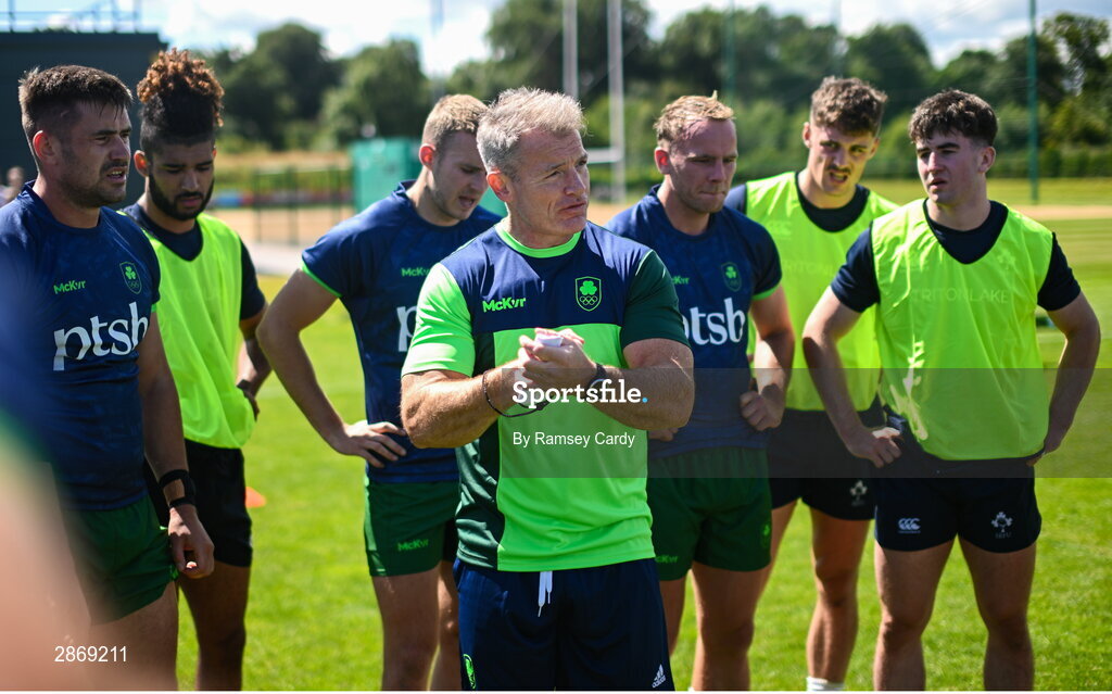 8 July 2024; Head coach James Topping during the Team Ireland Paris 2024 team training for Rugby Sevens ahead of the Paris 2024 Olympic Games at the IRFU Outdoor Pitch on the Sport Ireland Campus in Dublin. Photo by Ramsey Cardy/Sportsfile