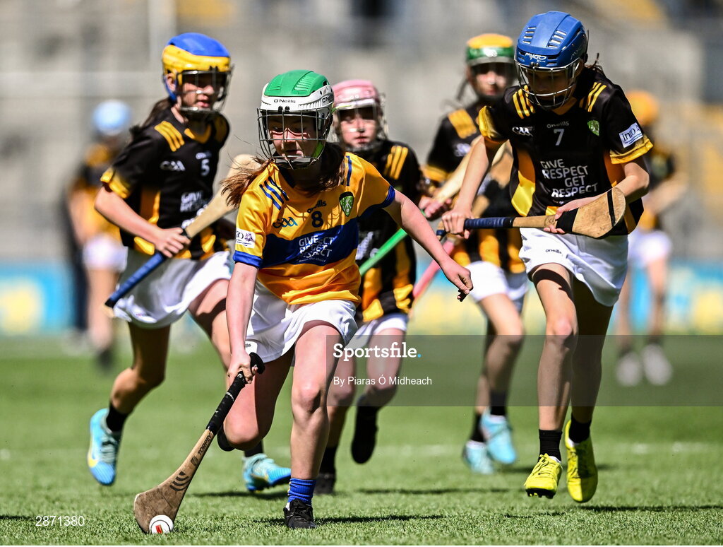 6 July 2024; Méabh Ward, St Paul's Primary School, Naval, Meath, representing Clare during the GAA INTO Cumann na mBunscol Respect Exhibition Go Games at the GAA Hurling All-Ireland Senior Championship semi-final match between Kilkenny and Clare at Croke Park in Dublin. Photo by Piaras Ó Mídheach/Sportsfile