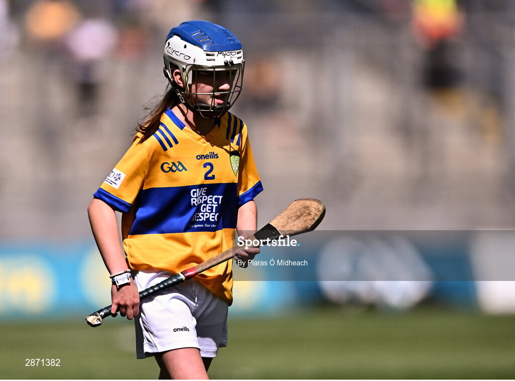 6 July 2024; Niamh Ní Raghallaigh, Scoil Mhuire gan Smal, Sligeach, representing Clare during the GAA INTO Cumann na mBunscol Respect Exhibition Go Games at the GAA Hurling All-Ireland Senior Championship semi-final match between Kilkenny and Clare at Croke Park in Dublin. Photo by Piaras Ó Mídheach/Sportsfile