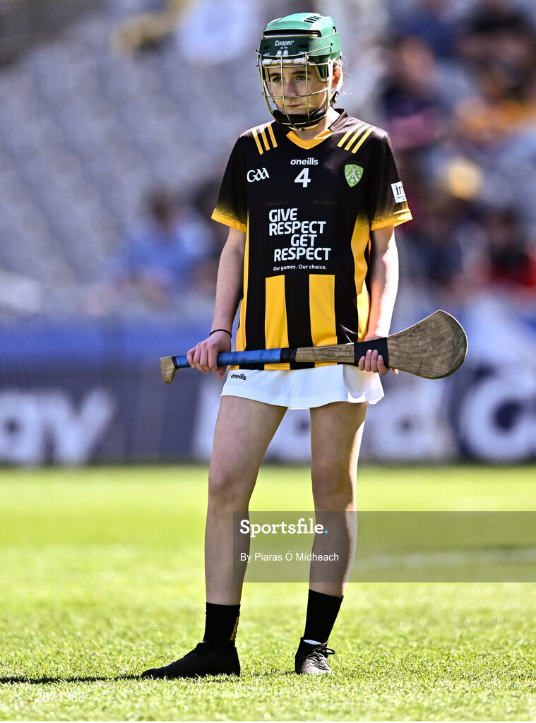 6 July 2024; Mary Jane Rafferty, Scoil Naomh Feichín, Droichead Átha, Lú, representing Kilkenny during the GAA INTO Cumann na mBunscol Respect Exhibition Go Games at the GAA Hurling All-Ireland Senior Championship semi-final match between Kilkenny and Clare at Croke Park in Dublin. Photo by Piaras Ó Mídheach/Sportsfile
