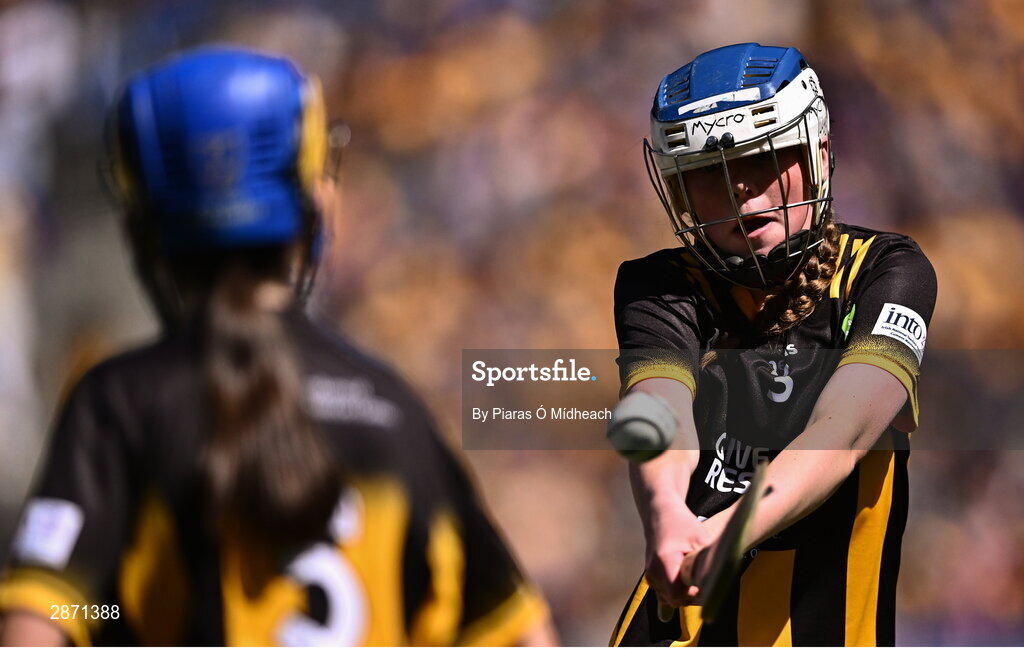 6 July 2024; Lily Comerford, Mary Help of Christian's GNS, Dublin, representing Kilkenny during the GAA INTO Cumann na mBunscol Respect Exhibition Go Games at the GAA Hurling All-Ireland Senior Championship semi-final match between Kilkenny and Clare at Croke Park in Dublin. Photo by Piaras Ó Mídheach/Sportsfile