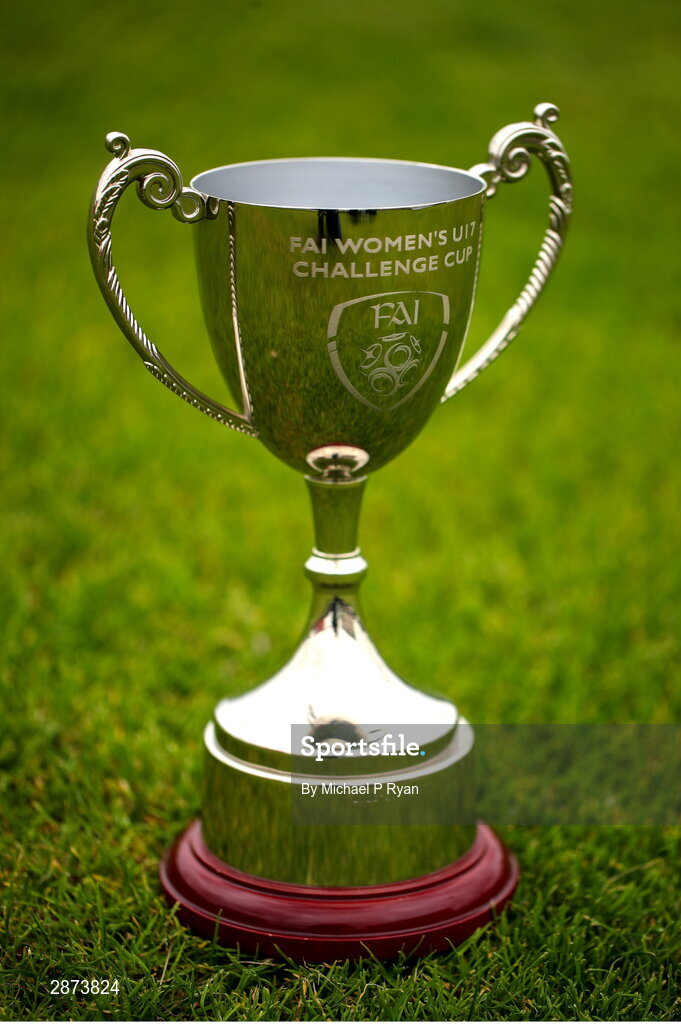 14 July 2024; A general view of the cup before the FAI Women's Under 17 Cup final match between Athenry and Killester Donnycarney FC at Mullingar Athletic FC in Gainstown, Westmeath. Photo by Michael P Ryan/Sportsfile