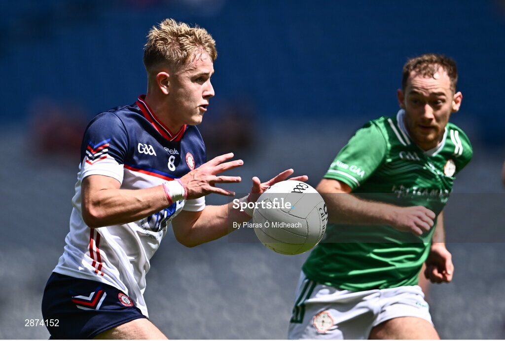 14 July 2024; Colm Shalvey of New York in action against Matthew Joyce of London during the GAA Football All-Ireland Junior Championship final between London and New York at Croke Park in Dublin. Photo by Piaras Ó Mídheach/Sportsfile