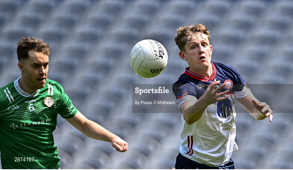 14 July 2024; Thomas Shalvey of New York in action against Ryan McCready of London during the GAA Football All-Ireland Junior Championship final between London and New York at Croke Park in Dublin. Photo by Piaras Ó Mídheach/Sportsfile