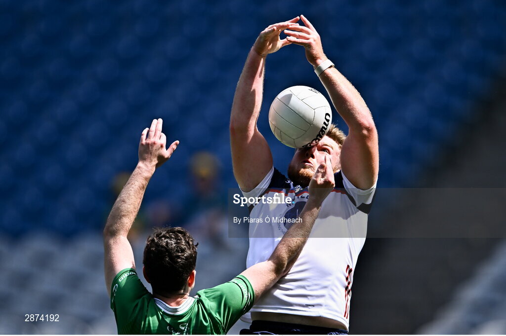 14 July 2024; Brian Coughlan of New York in action against Patrick O’Connor of London during the GAA Football All-Ireland Junior Championship final between London and New York at Croke Park in Dublin. Photo by Piaras Ó Mídheach/Sportsfile