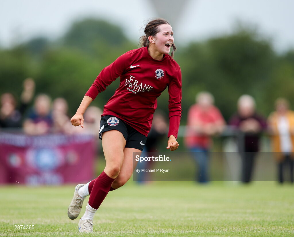 14 July 2024; Kerri O'Driscoll of Athenry celebrates after scoring her side's first goal during the FAI Women's Under 17 Cup final match between Athenry and Killester Donnycarney FC at Mullingar Athletic FC in Gainstown, Westmeath. Photo by Michael P Ryan/Sportsfile