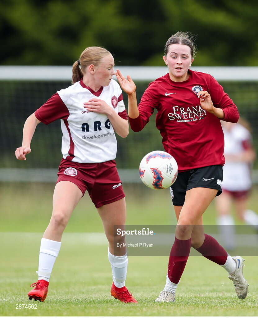14 July 2024; Drew Hendrick of Killester Donnycarney FC in action against Kerri O'Driscoll of Athenry during the FAI Women's Under 17 Cup final match between Athenry and Killester Donnycarney FC at Mullingar Athletic FC in Gainstown, Westmeath. Photo by Michael P Ryan/Sportsfile