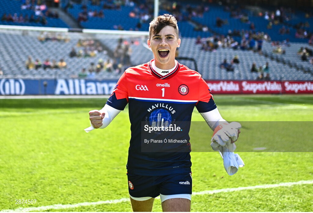14 July 2024; New York goalkeeper Ryan Corrigan celebrates after his side's victory in the GAA Football All-Ireland Junior Championship final between London and New York at Croke Park in Dublin. Photo by Piaras Ó Mídheach/Sportsfile