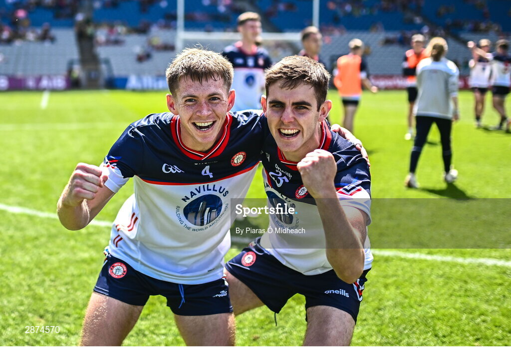 14 July 2024; New York players Shane Dohney, left, and PJ King celebrate after their side's victory in the GAA Football All-Ireland Junior Championship final between London and New York at Croke Park in Dublin. Photo by Piaras Ó Mídheach/Sportsfile