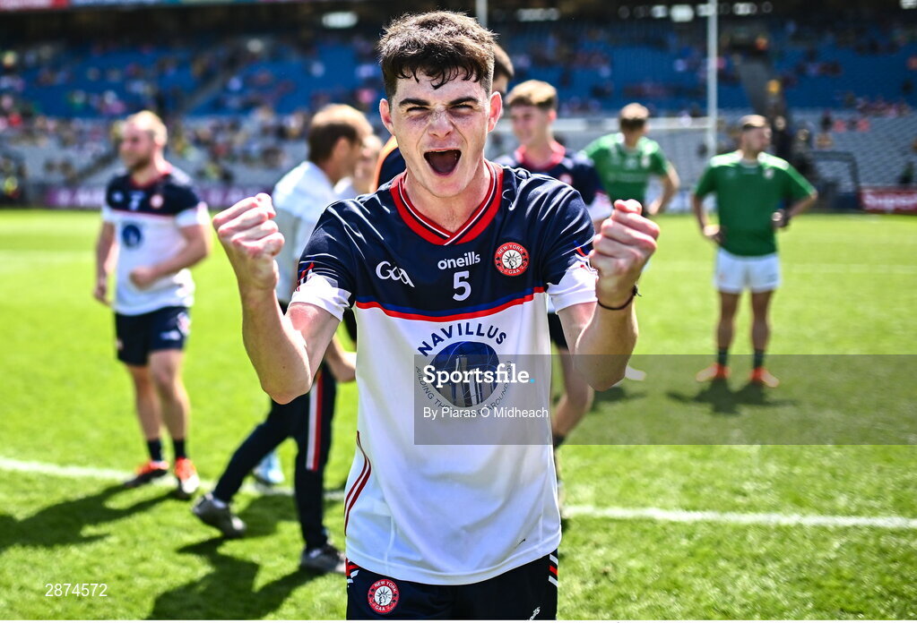 14 July 2024; Aaron Traynor of New York celebrates after his side's victory in the GAA Football All-Ireland Junior Championship final between London and New York at Croke Park in Dublin. Photo by Piaras Ó Mídheach/Sportsfile