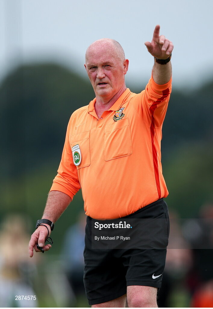14 July 2024; Rferee Ken Ennis  during the FAI Women's Under 17 Cup final match between Athenry and Killester Donnycarney FC at Mullingar Athletic FC in Gainstown, Westmeath. Photo by Michael P Ryan/Sportsfile