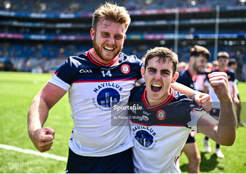 14 July 2024; New York players Brian Coughlan, left, and PJ King celebrate after their side's victory in the GAA Football All-Ireland Junior Championship final between London and New York at Croke Park in Dublin. Photo by Piaras Ó Mídheach/Sportsfile