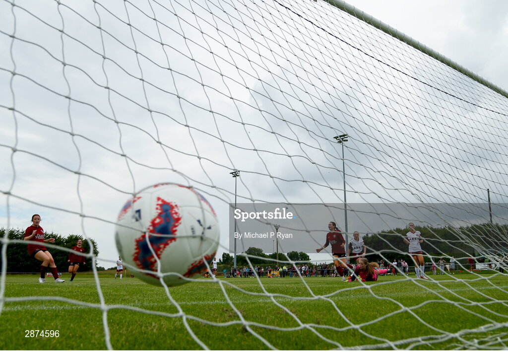 14 July 2024; Kerri O'Driscoll of Athenry shoots to score her side's second goal during the FAI Women's Under 17 Cup final match between Athenry and Killester Donnycarney FC at Mullingar Athletic FC in Gainstown, Westmeath. Photo by Michael P Ryan/Sportsfile