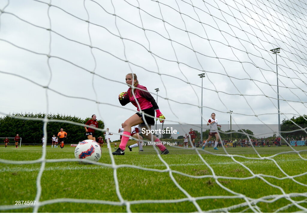 14 July 2024; Kerri O'Driscoll of Athenry shoots to score her side's first goal during the FAI Women's Under 17 Cup final match between Athenry and Killester Donnycarney FC at Mullingar Athletic FC in Gainstown, Westmeath. Photo by Michael P Ryan/Sportsfile