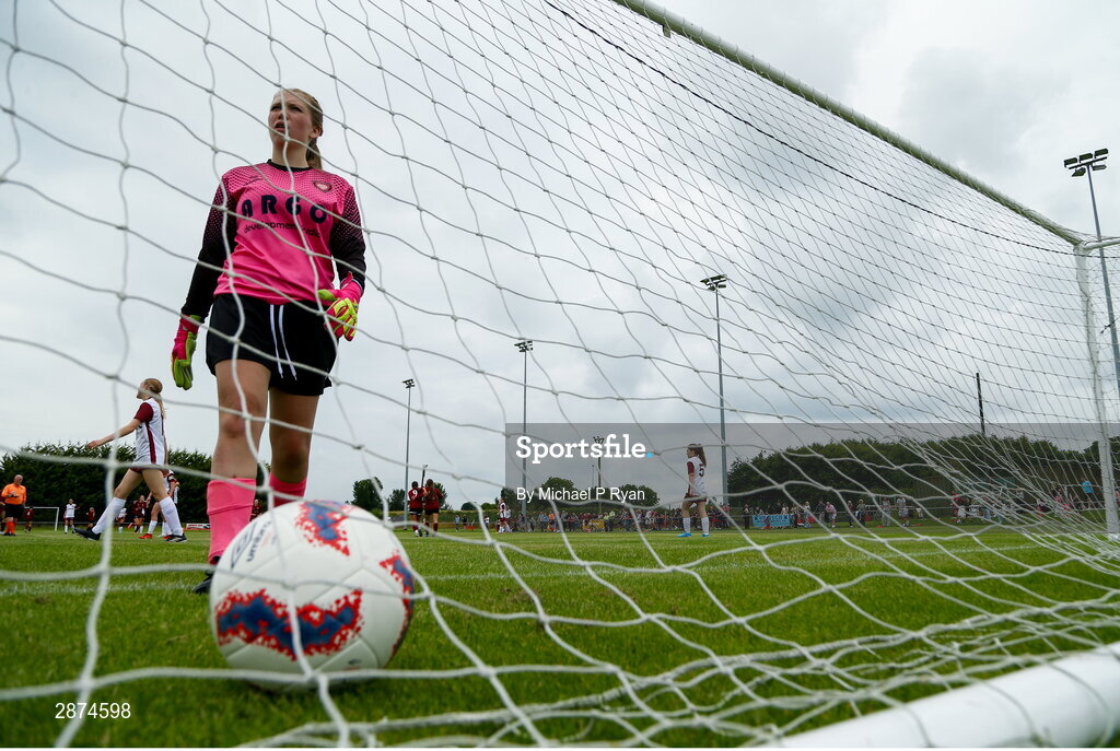 14 July 2024; Killester Donnycarney FC goalkeeper Cadence Daly after her side concedes their first goal during the FAI Women's Under 17 Cup final match between Athenry and Killester Donnycarney FC at Mullingar Athletic FC in Gainstown, Westmeath. Photo by Michael P Ryan/Sportsfile