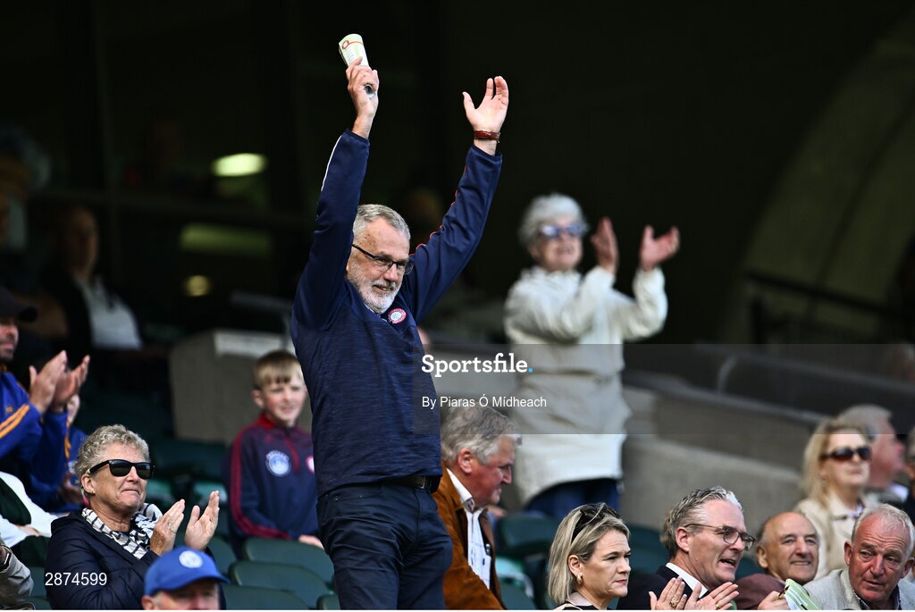 14 July 2024; Former GAA president Larry McCarthy celebrates after his side's victory in during the GAA Football All-Ireland Junior Championship final between London and New York at Croke Park in Dublin. Photo by Piaras Ó Mídheach/Sportsfile