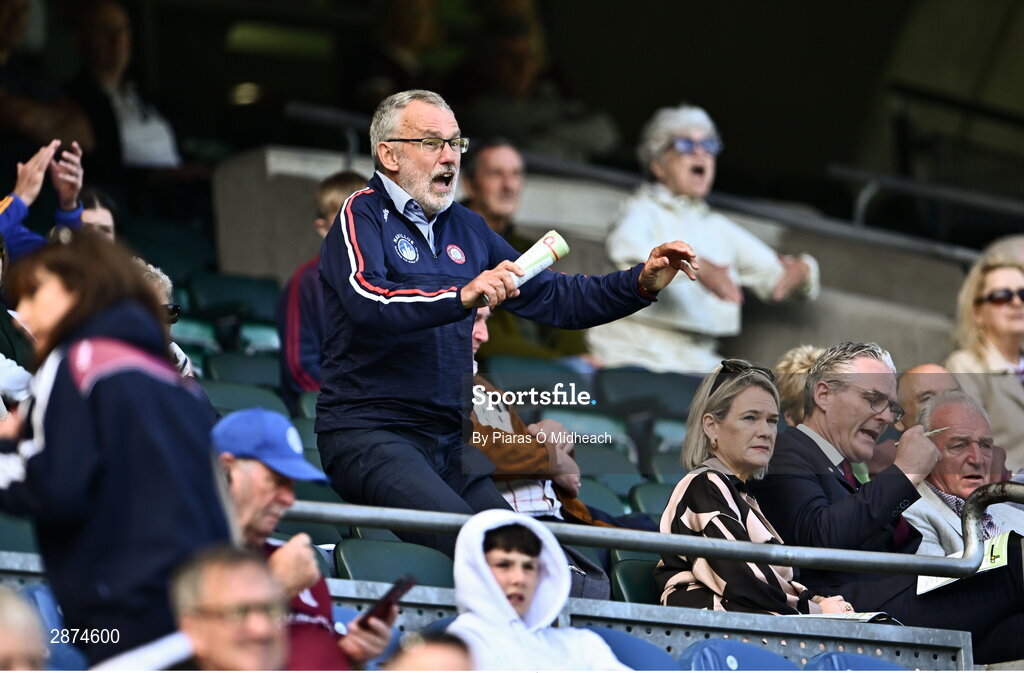 14 July 2024; Former GAA president Larry McCarthy celebrates after his side's victory in during the GAA Football All-Ireland Junior Championship final between London and New York at Croke Park in Dublin. Photo by Piaras Ó Mídheach/Sportsfile