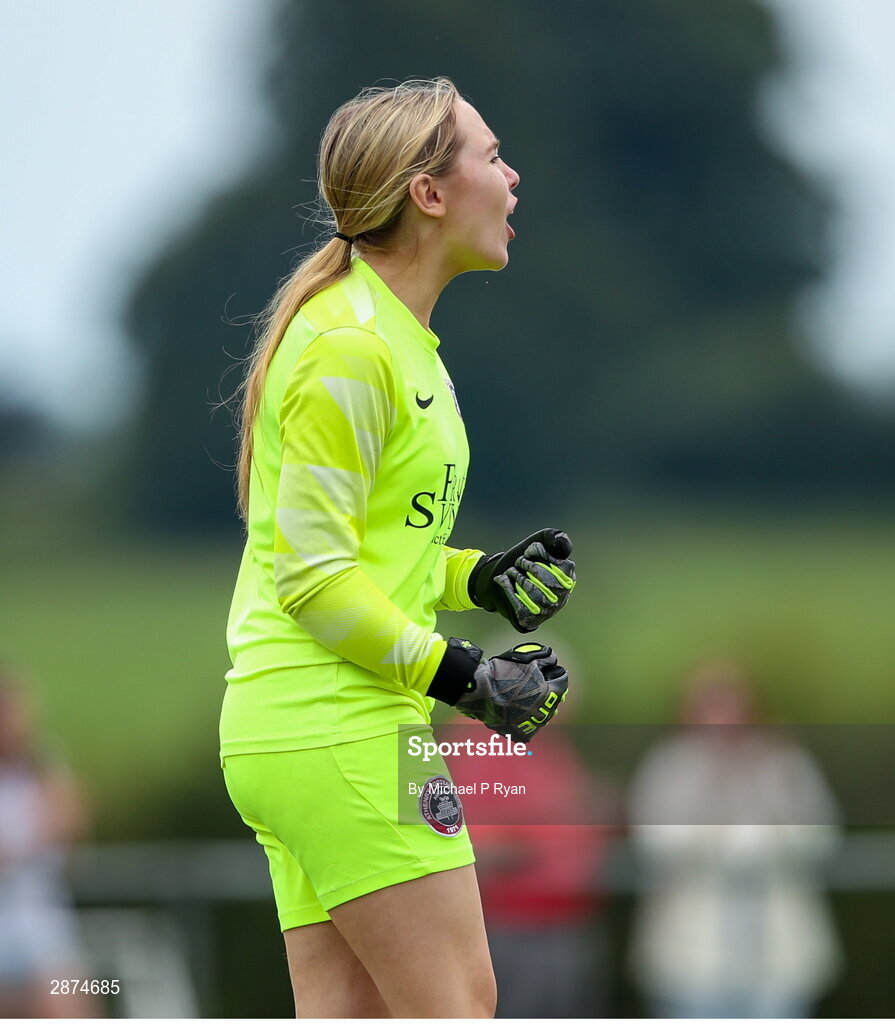 14 July 2024; Athenry goalkeeper Mollie Gilligan celebrates her sides third goal scored by Ella Farrelly during the FAI Women's Under 17 Cup final match between Athenry and Killester Donnycarney FC at Mullingar Athletic FC in Gainstown, Westmeath. Photo by Michael P Ryan/Sportsfile