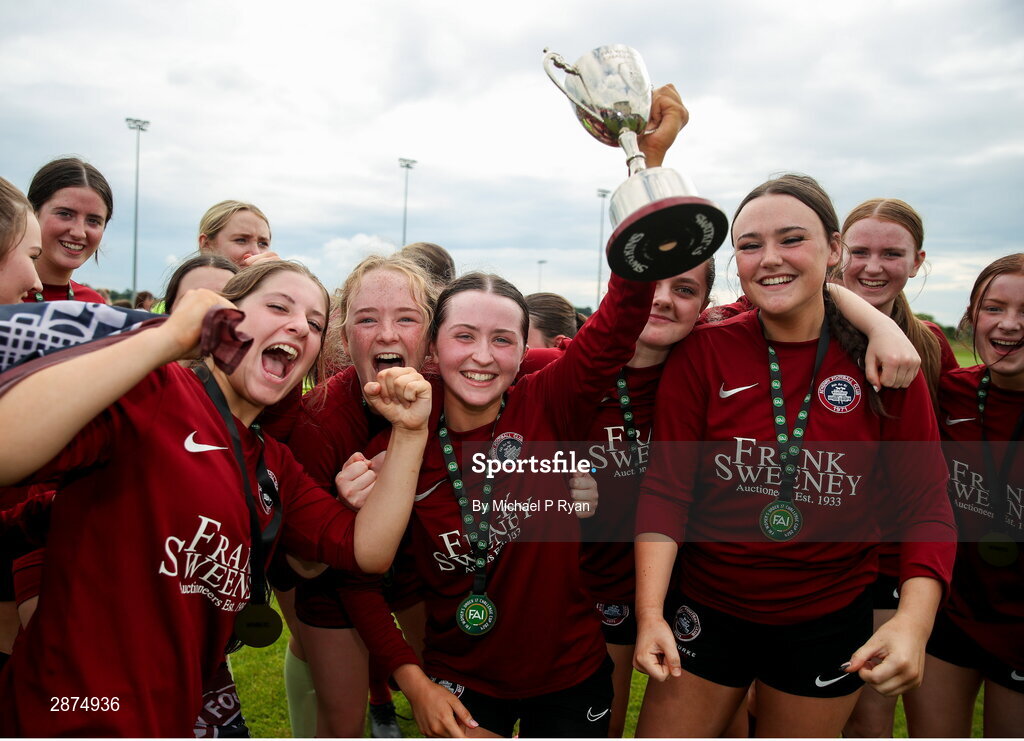 14 July 2024; Athenry captain Kerri O'Driscoll lifts the cup after the FAI Women's Under 17 Cup final match between Athenry and Killester Donnycarney FC at Mullingar Athletic FC in Gainstown, Westmeath. Photo by Michael P Ryan/Sportsfile