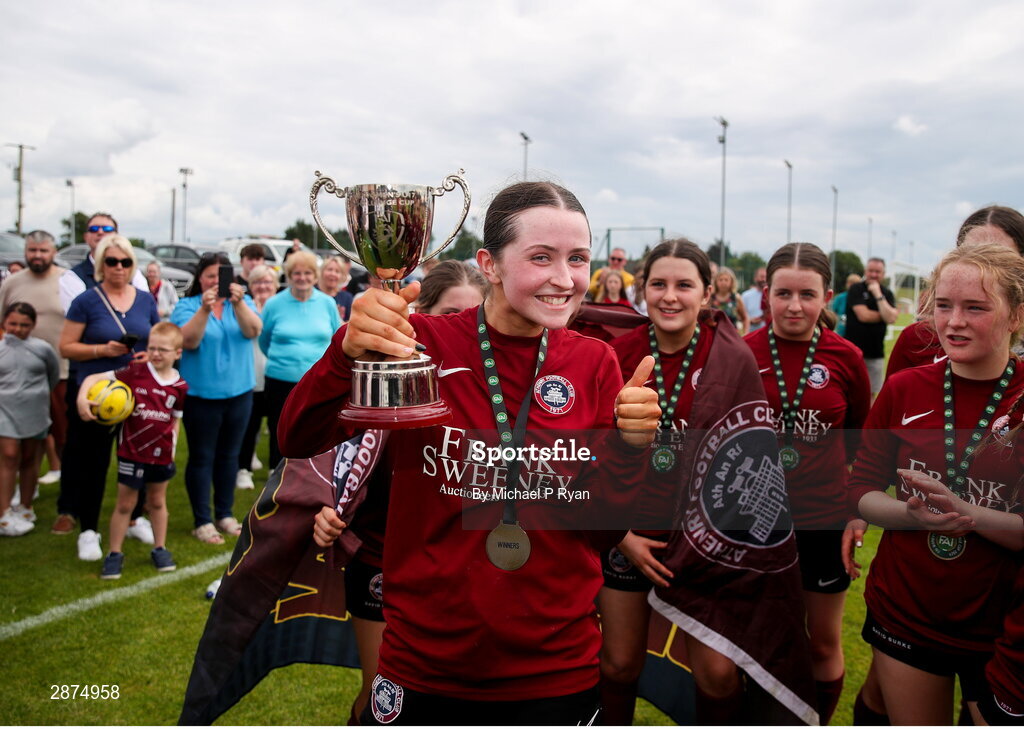 14 July 2024; Athenry captain Kerri O'Driscoll with the cup after the FAI Women's Under 17 Cup final match between Athenry and Killester Donnycarney FC at Mullingar Athletic FC in Gainstown, Westmeath. Photo by Michael P Ryan/Sportsfile