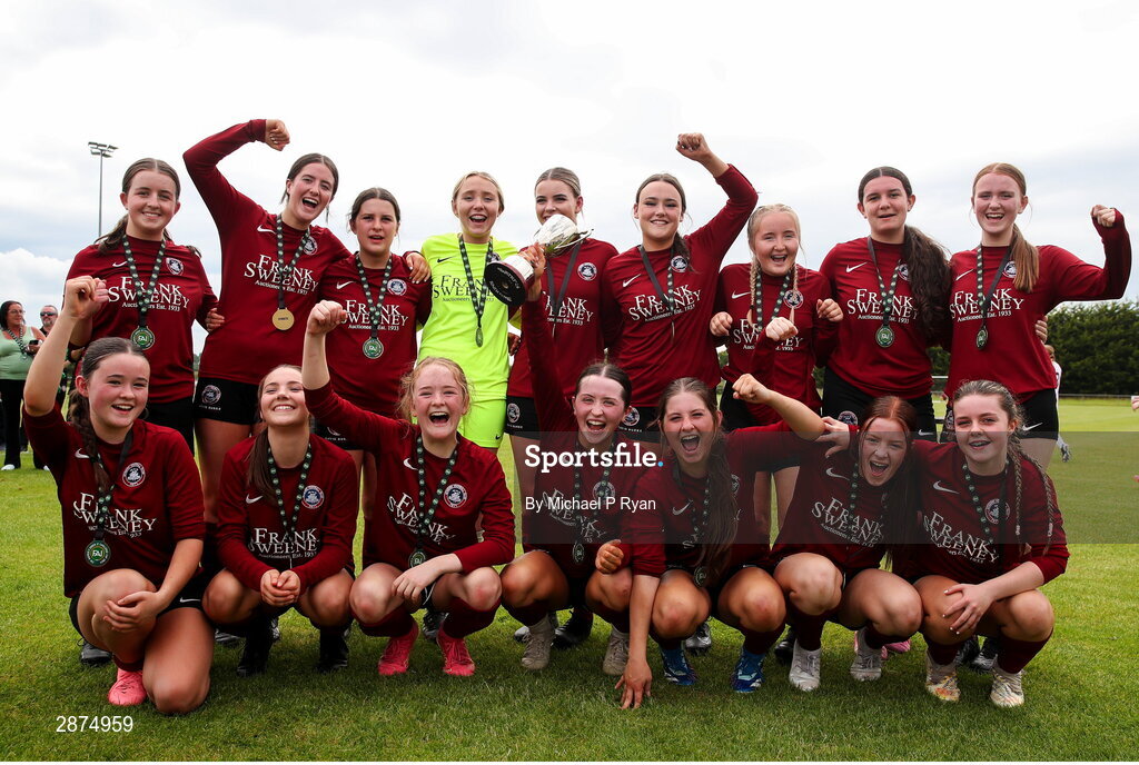 14 July 2024; Athenry team celebrate with the cup after the FAI Women's Under 17 Cup final match between Athenry and Killester Donnycarney FC at Mullingar Athletic FC in Gainstown, Westmeath. Photo by Michael P Ryan/Sportsfile