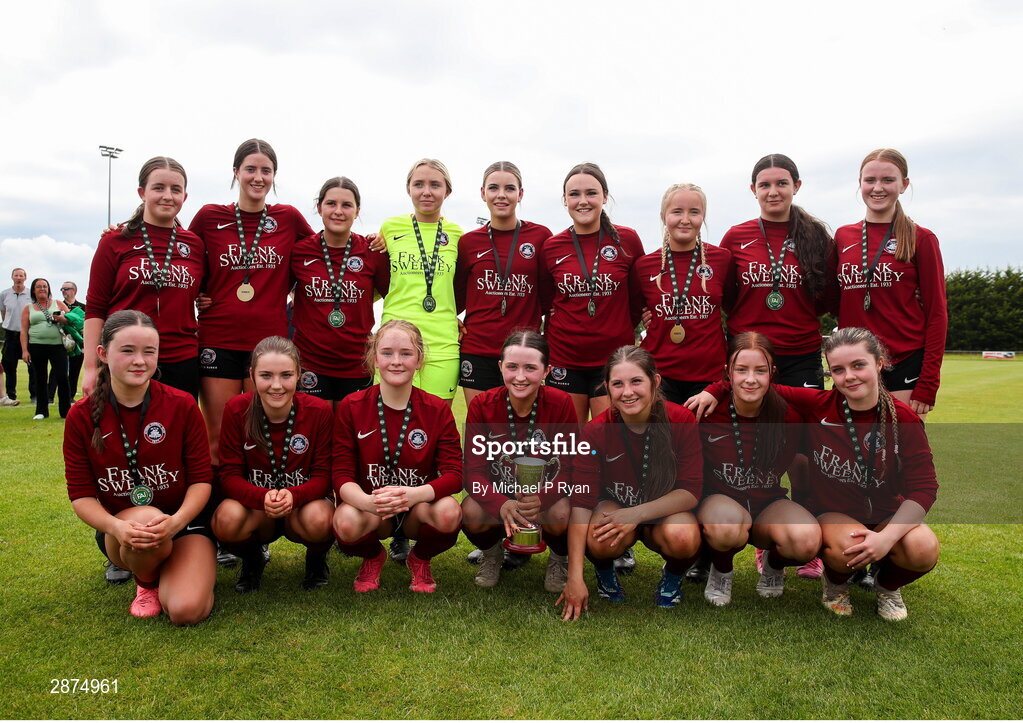 14 July 2024; Athenry team with the cup after the FAI Women's Under 17 Cup final match between Athenry and Killester Donnycarney FC at Mullingar Athletic FC in Gainstown, Westmeath. Photo by Michael P Ryan/Sportsfile